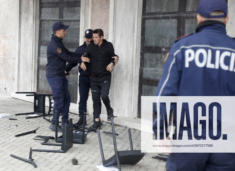 Protesters Clash with Police During a Demonstration in Tirana, Albania. Protesters destroy chairs set up by the PM s office for a proposed dialogue with students outside government headquarters in Tirana, Albania, on October 21, after several days of anti-government protests turned violent 2026. Albanian Prime Minister Edi Rama blamed a hybrid war for fuelling unrest in his country, after more than a week of violent anti-government demonstrations demanding better university conditions, anger over corruption and renewed calls for the Prime Minister s resignation. Light Studio Agency Malton Dibra Tirana Albania