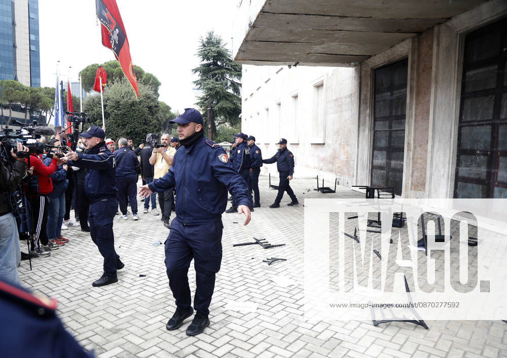 Protesters Clash with Police During a Demonstration in Tirana, Albania. Protesters destroy chairs set up by the PM s office for a proposed dialogue with students outside government headquarters in Tirana, Albania, on October 21, after several days of anti-government protests turned violent 2026. Albanian Prime Minister Edi Rama blamed a hybrid war for fuelling unrest in his country, after more than a week of violent anti-government demonstrations demanding better university conditions, anger over corruption and renewed calls for the Prime Minister s resignation. Light Studio Agency Malton Dibra Tirana Albania