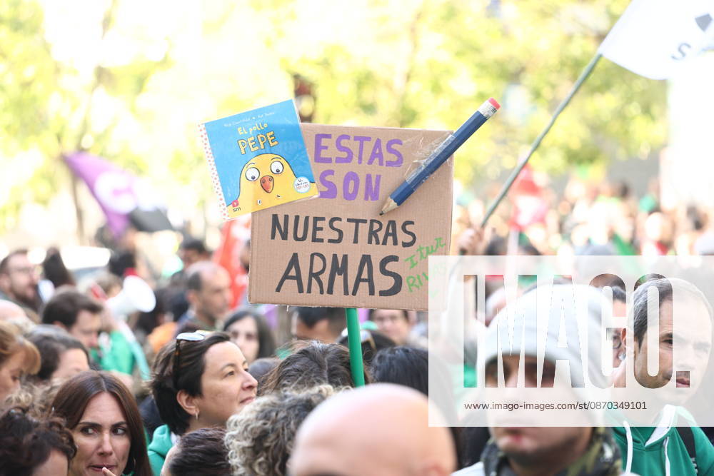Rally at the Madrid Assembly in Support of the Indefinite Education Strike Several people hold a banner reading These Are Our Weapons during a rally in support of public education in front of the Madrid Assembly on October 22, 2026, in Madrid, Spain. Public school teachers in the Community of Madrid began an indefinite strike on October 14 to demand more resources and better working conditions. The strike was called by the unions CCOO, CGT, CNT, Solidaridad Obrera, STEM, and UGT, as well as by the teacher advocacy groups Dignified Special Education, Fewer Class Periods, and We Want Vocational Training. Among their main demands are the restoration of a maximum of 17 class periods per week in secondary education and vocational traini