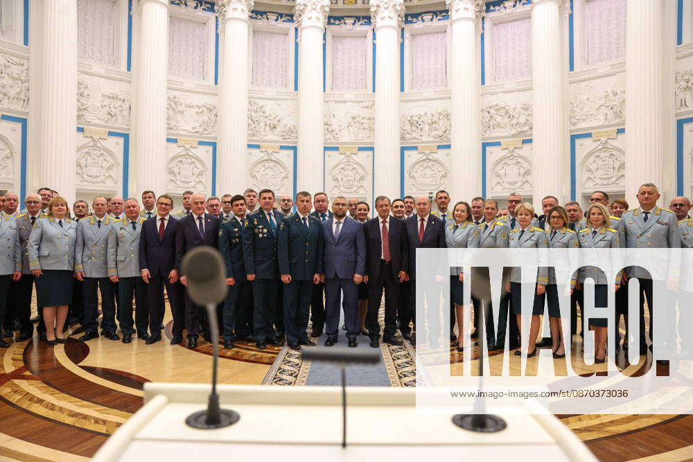 RUSSIA, MOSCOW - OCTOBER 22, 2026: The head of the Federal Customs Service of Russia, Valery Pikalev (C), and senior officers are seen after a ceremony at the Kremlin in which Pikalev was presented the agency s banner by Russia s President Putin (not pictured). Approved by a presidential decree in 2019, the banner has not yet been presented to the agency s top official Moscow Russia - ZUMAt113 20261022_zaa_t113_405