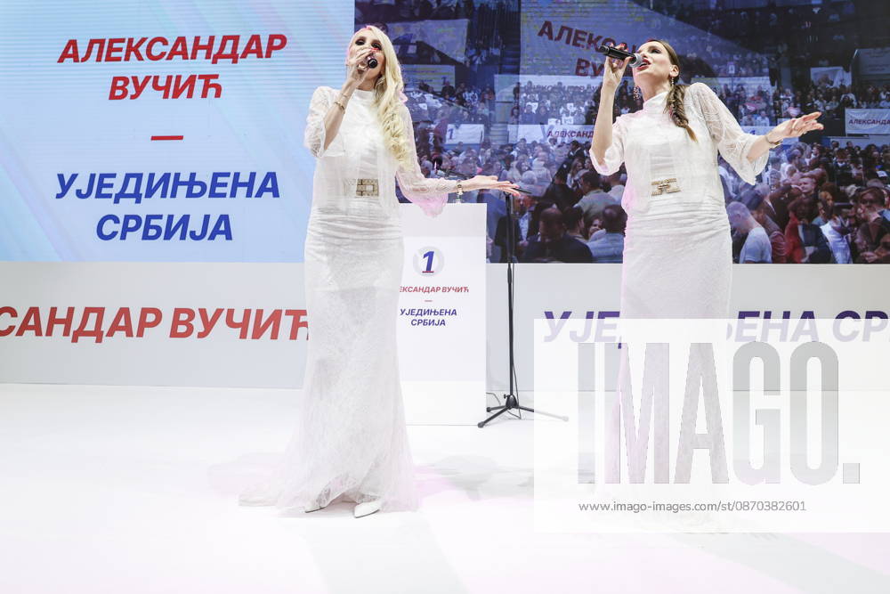 SERBIA, BELGRADE - OCTOBER 22, 2026: Women perform during a rally at the Ranko Zeravica Sports Hall in support of Serbia s former President Aleksandar Vucic ahead of the 2026 Serbian parliamentary election scheduled for October 25. Vucic will head the list of the ruling Serbian Progressive Party (SNS) and run as its prime ministerial candidate. Alexander Ryumin TASS 99766538