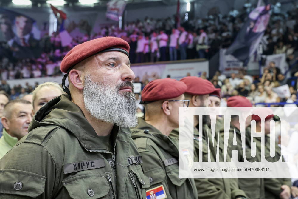 SERBIA, BELGRADE - OCTOBER 22, 2026: Servicemen are seen during a rally at the Ranko Zeravica Sports Hall in support of Serbia s former President Aleksandar Vucic ahead of the 2026 Serbian parliamentary election scheduled for October 25. Vucic will head the list of the ruling Serbian Progressive Party (SNS) and run as its prime ministerial candidate. Alexander Ryumin TASS 99766588