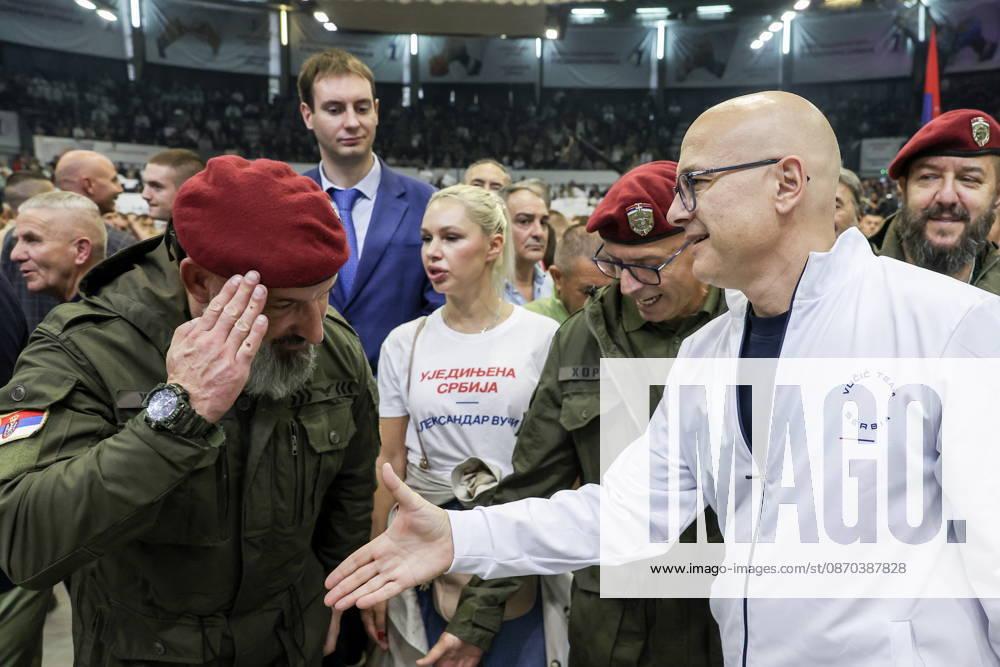 SERBIA, BELGRADE - OCTOBER 22, 2026: Milos Vucevic (R front), Chairman of the Serbian Progressive Party (SNS), attends a rally at the Ranko Zeravica Sports Hall in support of Serbia s former President Aleksandar Vucic ahead of the 2026 Serbian parliamentary election scheduled for October 25. Vucic will head the list of the ruling Serbian Progressive Party (SNS) and run as its prime ministerial candidate. Alexander Ryumin TASS 99766942
