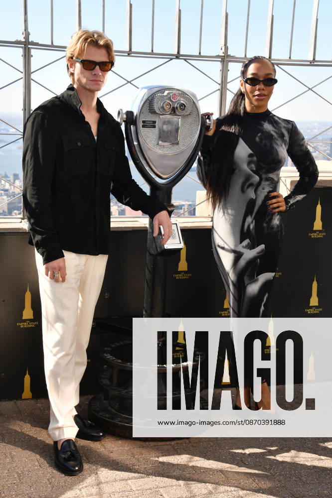 NEW YORK, NY- OCTOBER 22: Tom Rhys Harries and Naomi Ackie at the Empire State Building promoting the release of DC Studios Clayface on October 22, 2026 in New York City.