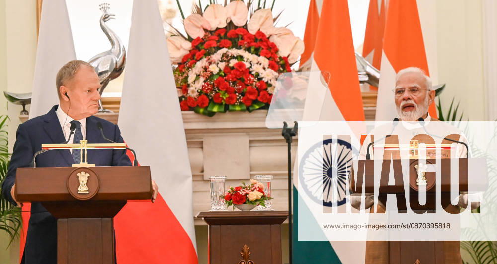 Prime Minister Narendra Modi (R) and Prime Minister of Poland Donald Tusk (L) address a joint press statement following delegation-level bilateral talks at Hyderabad House on October 22, 2026 in New Delhi, India. The high-level meeting marked Polish Prime Minister Tusk s official visit to India from October 21-23, 2026 his first visit to the country as Prime Minister since 2010 aimed at advancing the India-Poland Strategic Partnership and deepening India-EU strategic ties. During wide-ranging discussions, both leaders reviewed bilateral cooperation across key sectors including trade, technology, defense-industrial collaboration, and energy, while reaffirming joint commitment toward peaceful diplomatic solution
