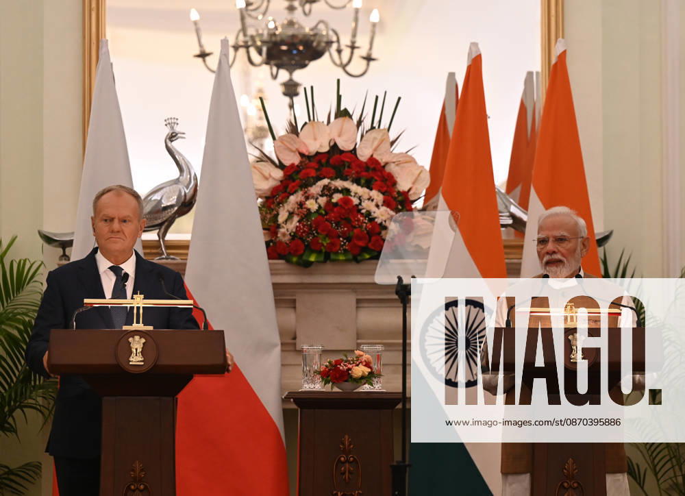 Prime Minister Narendra Modi (R) and Prime Minister of Poland Donald Tusk (L) address a joint press statement following delegation-level bilateral talks at Hyderabad House on October 22, 2026 in New Delhi, India. The high-level meeting marked Polish Prime Minister Tusk s official visit to India from October 21-23, 2026 his first visit to the country as Prime Minister since 2010 aimed at advancing the India-Poland Strategic Partnership and deepening India-EU strategic ties. During wide-ranging discussions, both leaders reviewed bilateral cooperation across key sectors including trade, technology, defense-industrial collaboration, and energy, while reaffirming joint commitment toward peaceful diplomatic solution