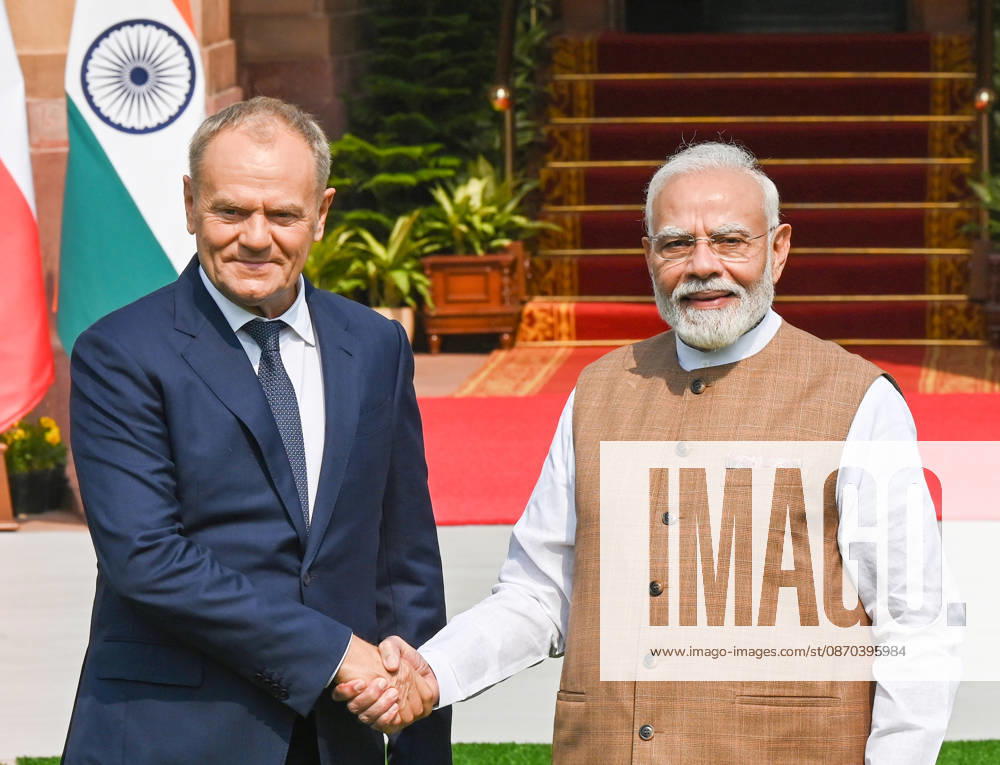 Prime Minister Narendra Modi (R) poses for a photograph with the Prime Minister of Poland, Donald Tusk (L), prior to their delegation-level bilateral meeting and joint press statement at Hyderabad House on October 22, 2026 in New Delhi, India. The high-level meeting marked Polish Prime Minister Tusk s official visit to India from October 21-23, 2026 his first visit to the country as Prime Minister since 2010 aimed at advancing the India-Poland Strategic Partnership and deepening India-EU strategic ties. During wide-ranging discussions, both leaders reviewed bilateral cooperation across key sectors including trade, technology, defense-industrial collaboration, and energy, while reaffirming joint commitment towa