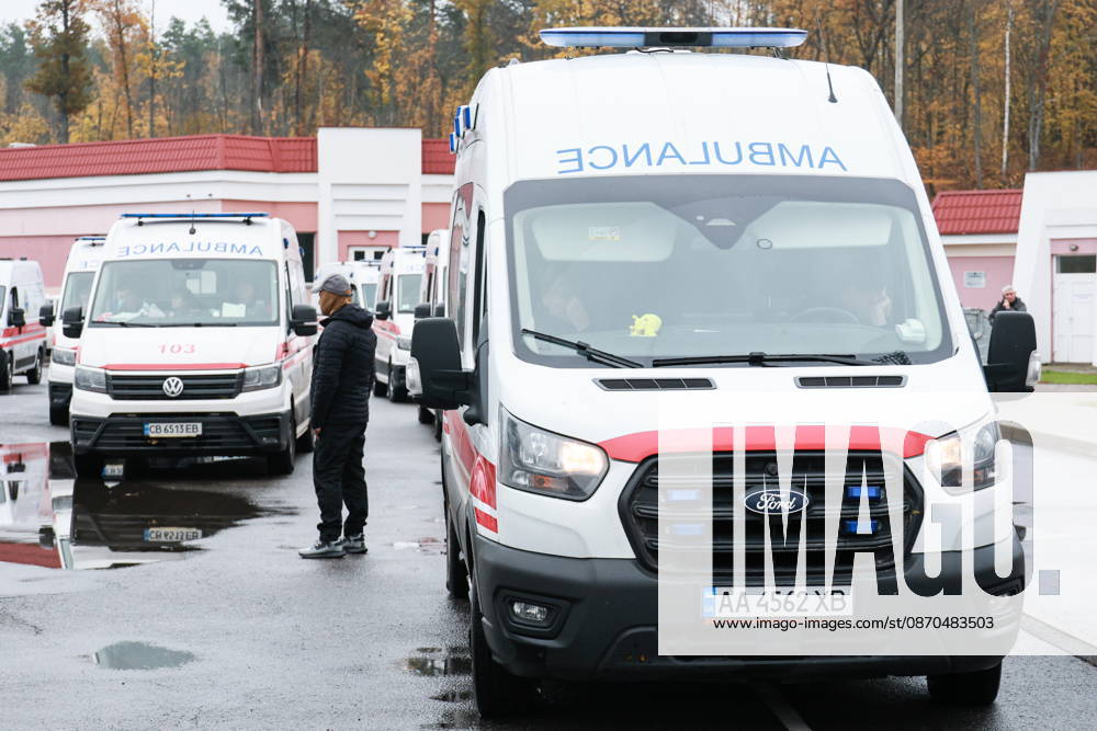 BELARUS, GOMEL REGION - OCTOBER 23, 2026: Ambulances during a Russian-Ukrainian exchange of prisoners-of-war at the Novaya Guta border crossing. Alexander Shcherbak TASS 99802641