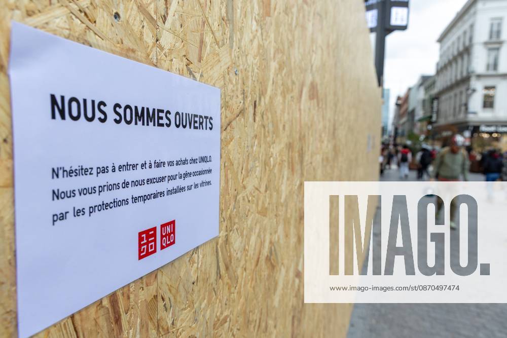 Storefronts boarded up with wooden panels at Rue Neuve Nieuwstraat, in Brussels, on Friday 23 October 2026. Stores are preparing for another protest scheduled for Saturday. NICOLASxMAETERLINCK 190739545