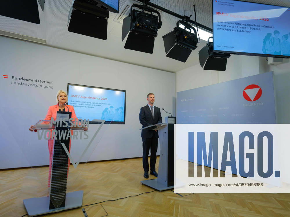 Press Conference on the BMLV Youth Monitor 2026—Federal Minister of Defense Klaudia Tanner (ÖVP) and Head of the Strategic Market and Opinion Research Division Wolfgang Prinz (BMLV) on October 23, 2026, at the press conference on the topic What Do Youth Think About the Austrian Armed Forces at the Rossauer Barracks in Vienna, Vienna, Austria