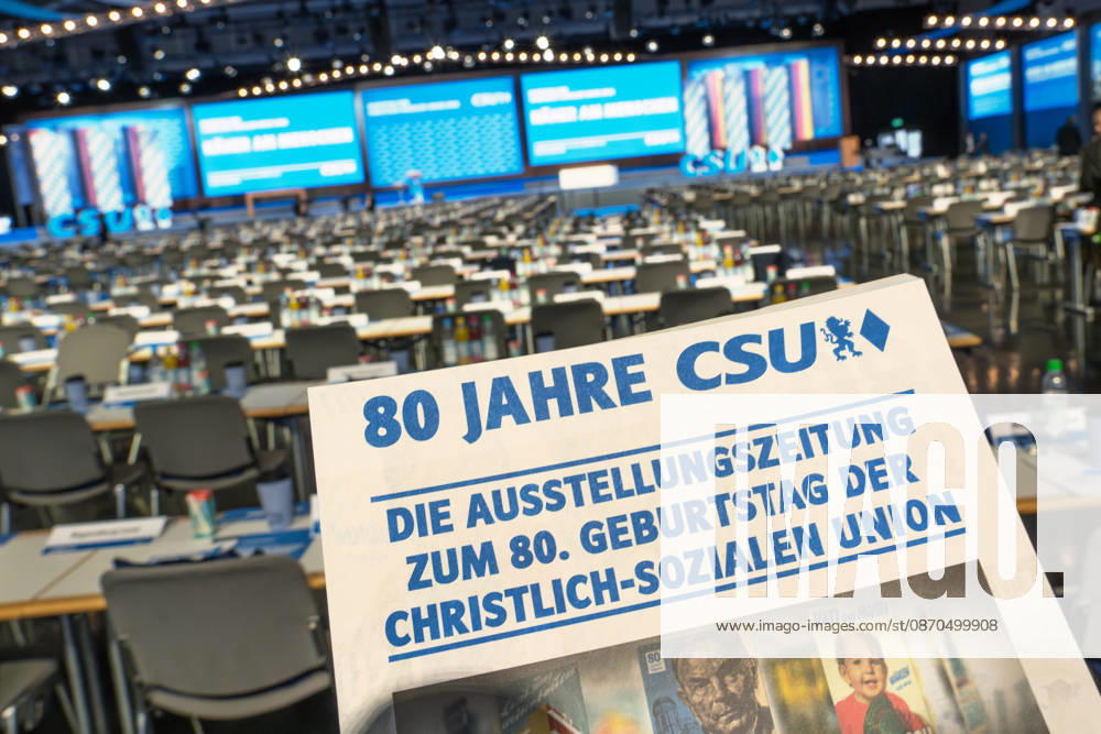 CSU Party Convention, empty plenary hall before the start, Messe München, October 23, 2026, Germany, Munich, October 23, 2026, empty plenary hall before the start, CSU Party Convention on October 23 and 24, 2026, at Messe München, newspaper headline 80 Years of the CSU, politicians, Bavaria