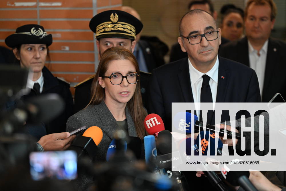 Deadly drive-by shooting attack in Paris suburb of Trappes TRAPPES, FRANCE - OCTOBER 23: France s Interior Minister Laurent Nunez (R) and France s junior Minister in charge of equality Aurore Berge (L) speak to the press members following a shooting killing at least one person and injuring four others according to police sources, in Trappes, Paris suburb, France on October 23, 2026. Mustafa Yalcin Anadolu Trappes France. Editorial use only. Please get in touch for any other usage.