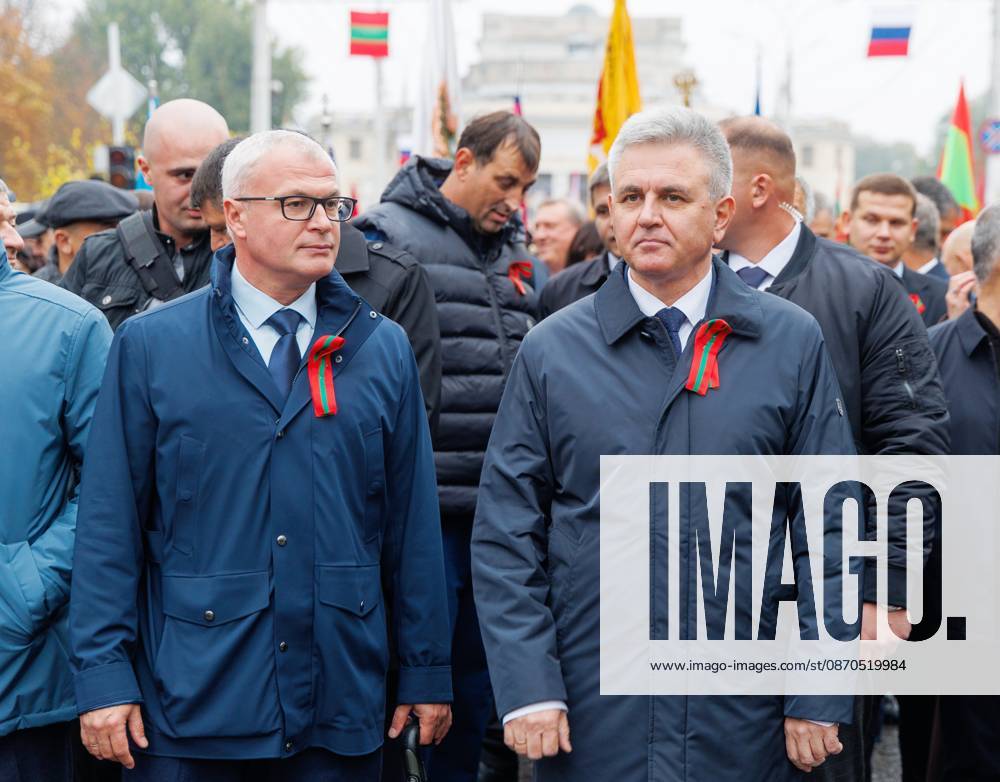 Moldova Transnistria Taxes Protest 9271220 23.10.2026 Pridnestrovian Moldavian Republic (Transnistria, PMR) President Vadim Krasnoselsky, right, and Deputy Prime Minister Vitaly Nyagu attend a rally against economic pressure from Moldova at Suvorov Square in Tiraspol, Transnistrian region, also known as the unrecognized Pridnestrovian Moldavian Republic (PMR), Moldova. Artem Kulekin Sputnik Tiraspol Pridnestrovian Moldavian Republic