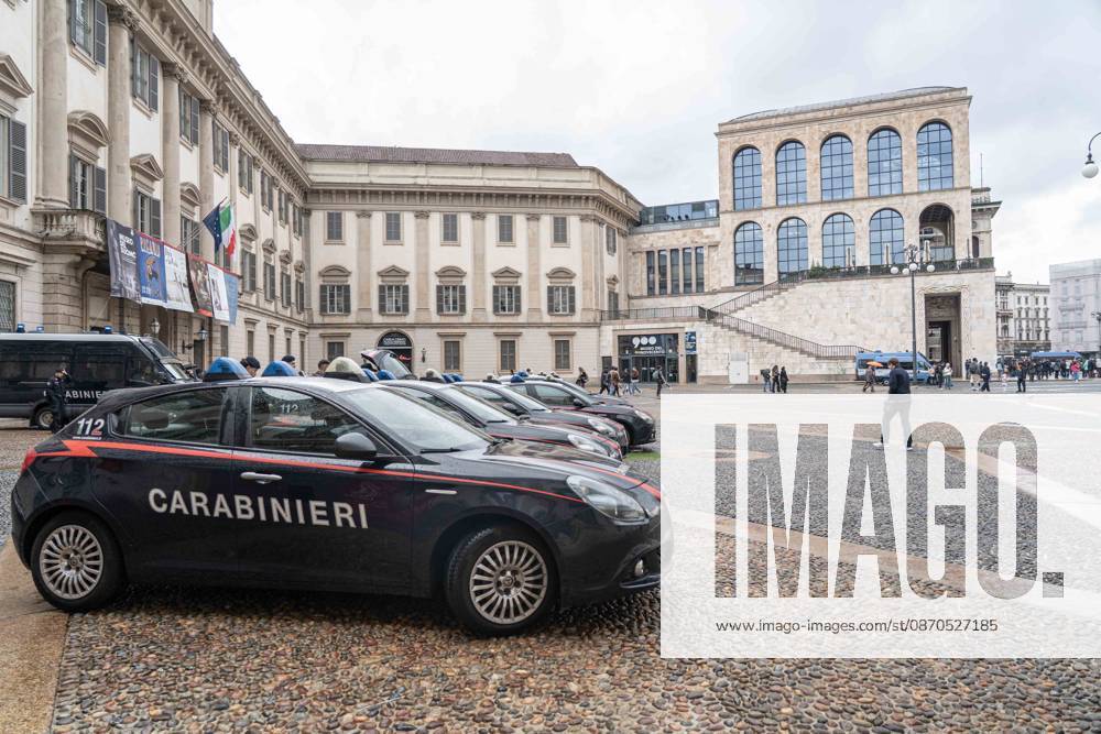 IPA90074249 - Milan, October 23, 2026. The city center is preparing for tomorrows heavily secured Saturday ahead of the march. From police and Carabinieri checkpoints at the Duomo to storefronts reinforced with panels to prevent break-ins on Via Torino.