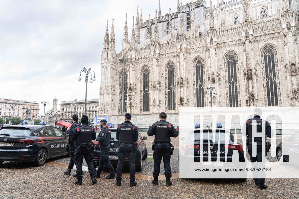 IPA90074255 - Milan, 10 26 23. The city center is preparing for tomorrows heavily secured Saturday ahead of the march. From police and Carabinieri checkpoints at the Duomo to storefronts reinforced with panels to prevent break-ins on Via Torino.