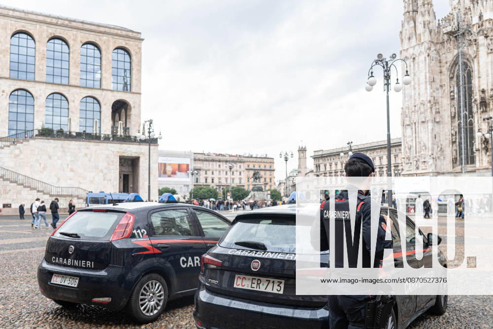 IPA90074273 - Milan, 10 26 23. The city center is preparing for tomorrows heavily secured Saturday ahead of the march. From police and Carabinieri checkpoints at the Duomo to storefronts reinforced with panels to prevent break-ins on Via Torino.