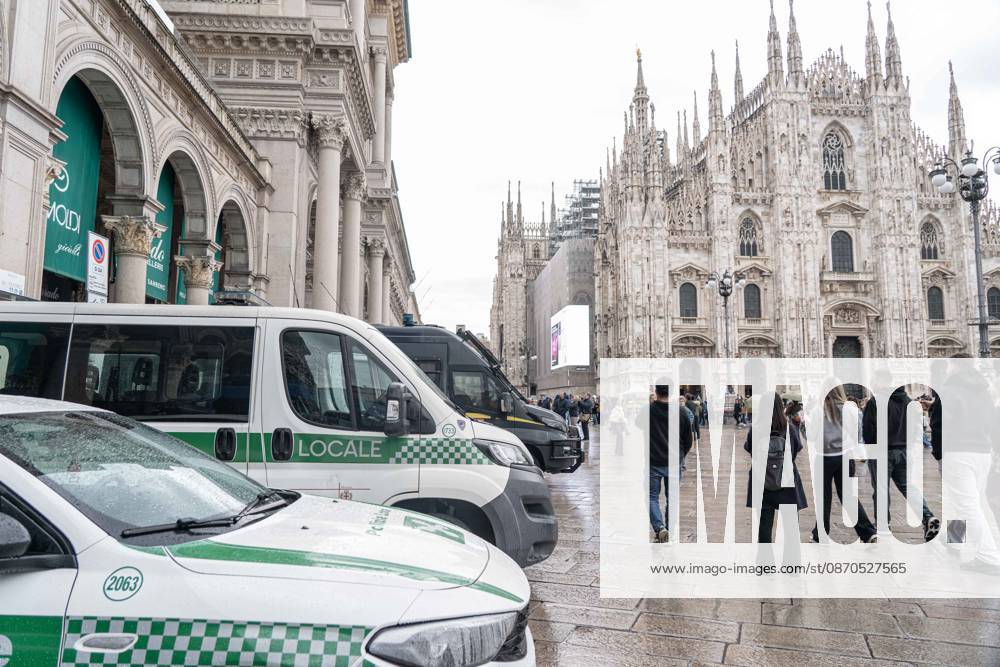 IPA90074210 - Milan, 10 26 23. The city center is preparing for tomorrows heavily secured Saturday ahead of the march. From police and Carabinieri checkpoints at the Duomo to storefronts reinforced with panels to prevent break-ins on Via Torino.