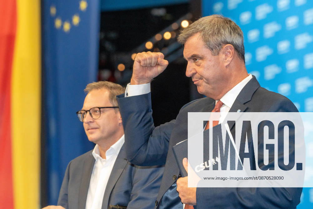Markus Söder, Minister-President of Bavaria, clenches his fist after his speech at the CSU party convention; Martin Huber, CSU Secretary General, Messe München, October 23, 2026; Germany, Munich, October 23, 2026, Markus Söder, Minister-President of Bavaria, clenches his fist after his speech at the CSU party convention; Martin Huber, CSU Secretary-Gener