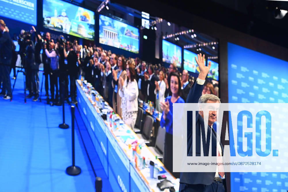 Markus SOEDER, Minister-President of Bavaria and CSU Chairman, after his speech, basks in the applause and waves to the delegates at the 2026 CSU Party Convention on October 23 and 24, 2026, at the Munich Trade Fair Grounds