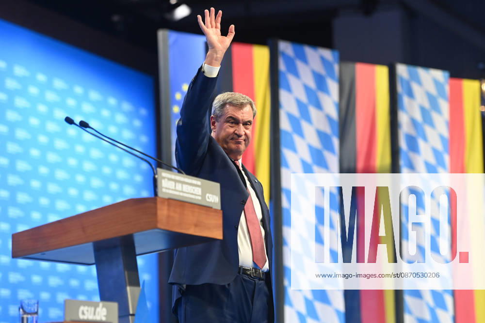 Markus SOEDER, Minister-President of Bavaria and CSU Chairman, after his speech, basks in the applause and waves to the delegates at the 2026 CSU Party Convention on October 23 and 24, 2026, at the Munich Trade Fair Grounds