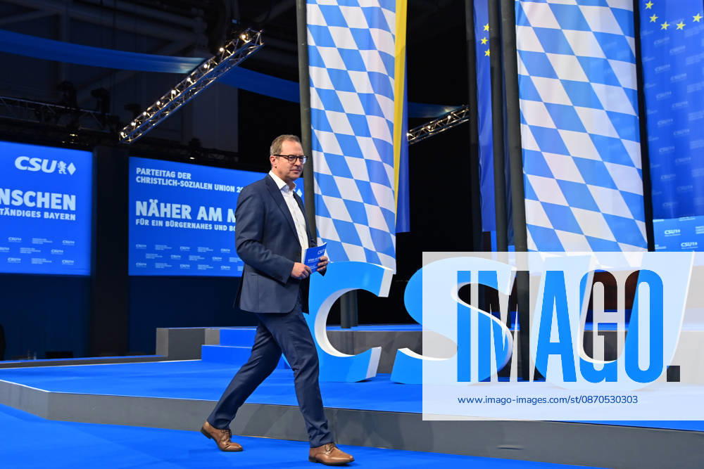 Martin HUBER, Secretary General of the CSU, takes the stage in front of the CSU logo at the 2026 CSU Party Convention on October 23 and 24, 2026, at the Munich Trade Fair Center