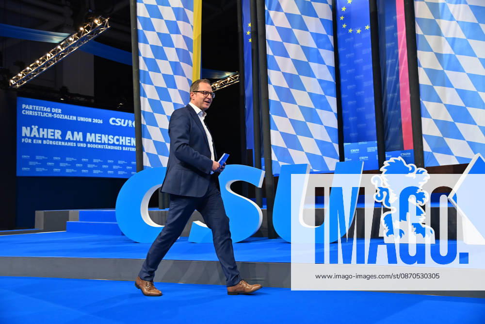 Martin HUBER, Secretary General of the CSU, takes the stage in front of the CSU logo at the 2026 CSU Party Convention on October 23 and 24, 2026, at the Munich Trade Fair Center