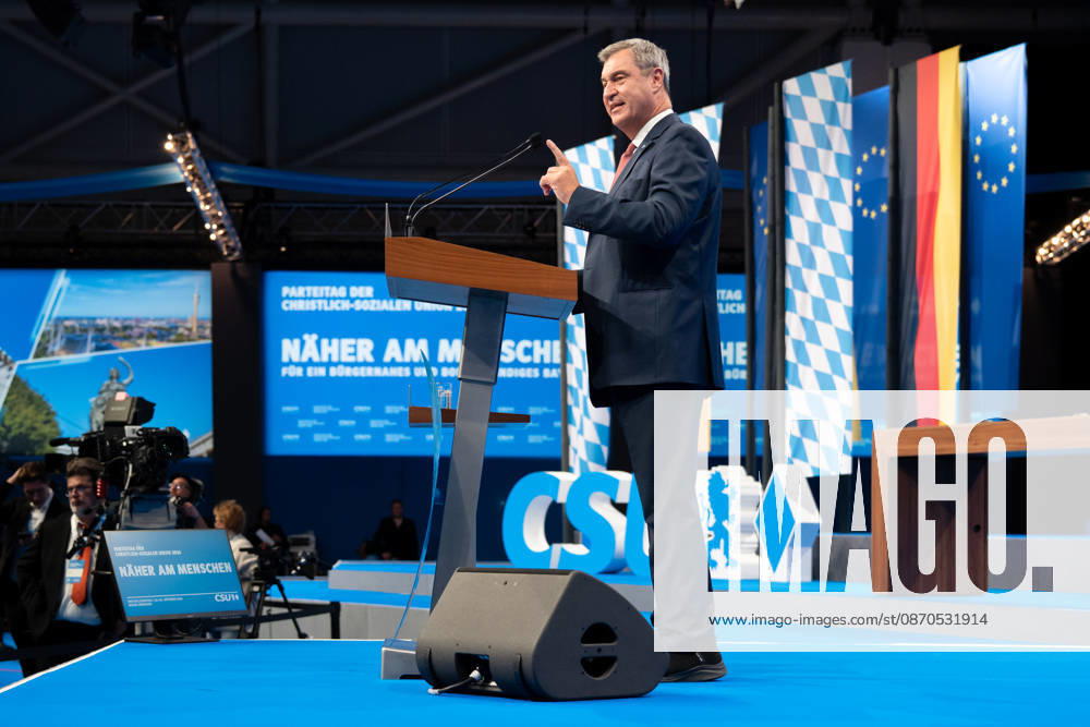 Munich, Bavaria, Germany October 23, 2026: The 2026 convention of the CSU (Christian Social Union) at the Munich Trade Fair Center. Minister President Dr. Markus Söder delivers a speech on stage
