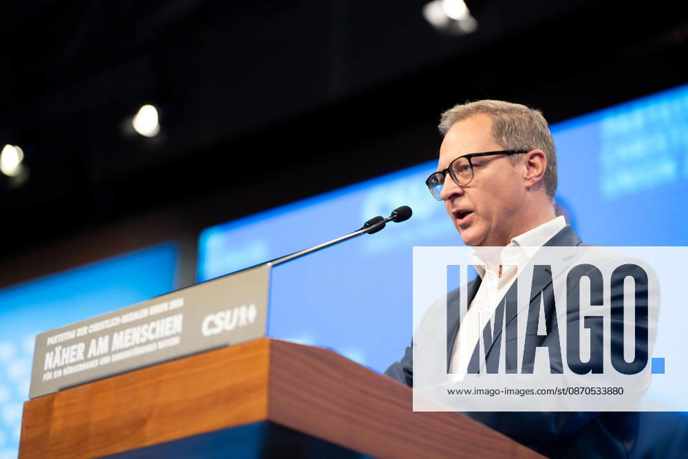 Munich, Bavaria, Germany October 23, 2026: The 2026 convention of the CSU (Christian Social Union) at the Munich Trade Fair Center. CSU Secretary-General Martin Huber (MDL) speaks on stage