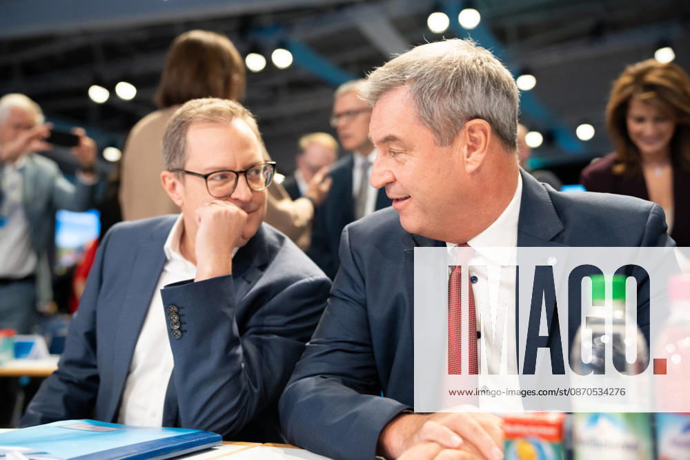 Munich, Bavaria, Germany October 23, 2026: The 2026 convention of the CSU (Christian Social Union) at the Munich Trade Fair Center. CSU Secretary-General Martin Huber (MDL) speaks with Minister-President Dr. Markus Söder