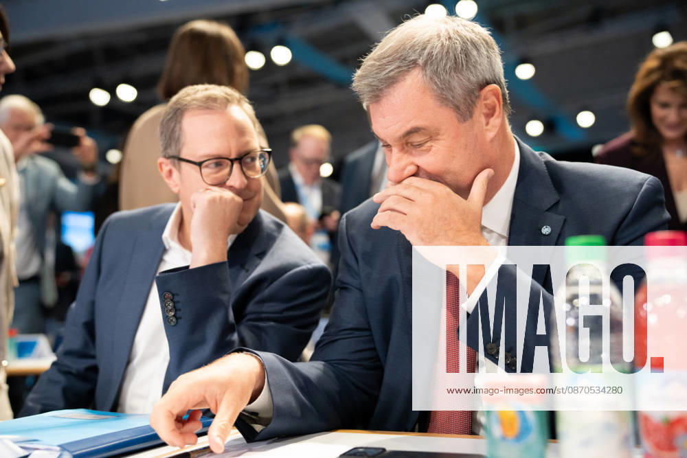 Munich, Bavaria, Germany October 23, 2026: The 2026 convention of the CSU (Christian Social Union) at the Munich Trade Fair Center. CSU Secretary-General Martin Huber (MDL) speaks with Minister-President Dr. Markus Söder