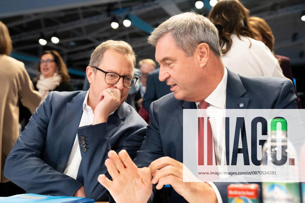 Munich, Bavaria, Germany October 23, 2026: The 2026 convention of the CSU (Christian Social Union) at the Munich Trade Fair Center. CSU Secretary-General Martin Huber (MDL) speaks with Minister-President Dr. Markus Söder