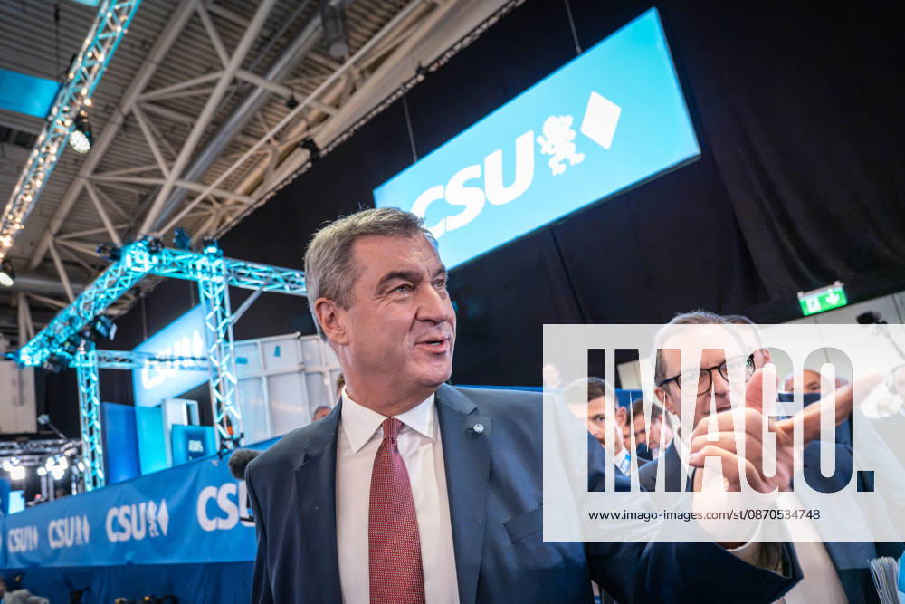 Markus Söder, CSU Party Chairman and Minister-President of Bavaria, arriving at Exhibition Hall C6 for the party convention, with Martin Huber; CSU Party Convention in Munich, Munich, Bavaria, Germany; Munich Exhibition Center