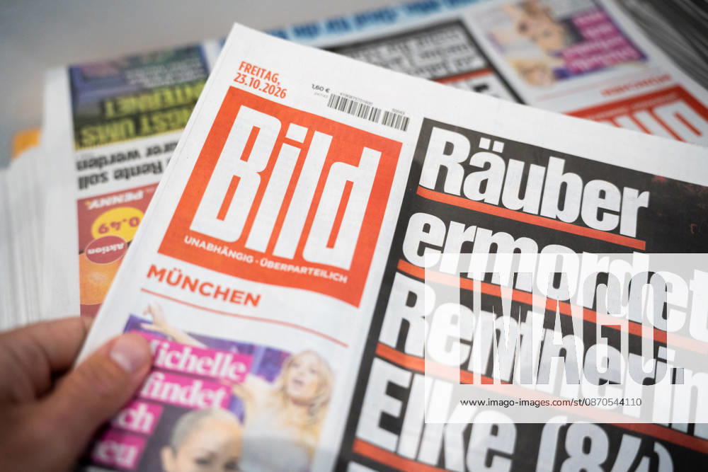 Munich, Bavaria, Germany October 23, 2026: The 2026 convention of the CSU (Christian Social Union) at the Munich Trade Fair Center. Background detail: a stack of newspapers, copies of the daily newspaper BILD published by Axel Springer Verlag