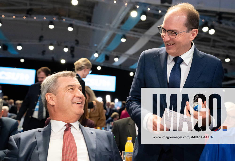 Munich, Bavaria, Germany October 23, 2026: The 2026 party convention of the CSU (Christian Social Union) at the Munich Trade Fair Center. Minister-President Dr. Markus Söder speaks with Alexander Dobrindt, Federal Minister of the Interior of the Federal Republic of Germany, Minister of the Interior