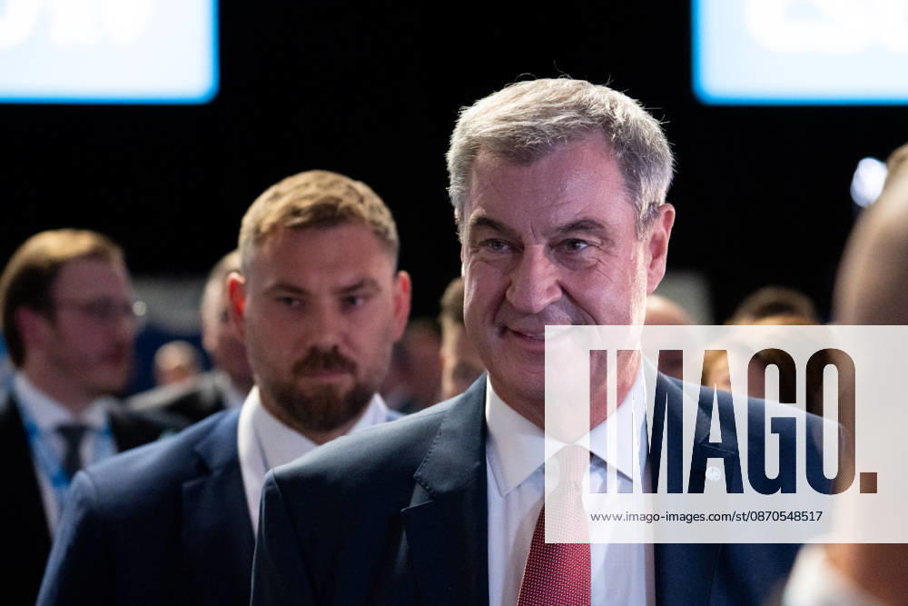 Munich, Bavaria, Germany October 23, 2026: The 2026 convention of the CSU (Christian Social Union) at the Munich Trade Fair Center. Arrival of Minister President Dr. Markus Söder with bodyguards, security personnel, and personal protection