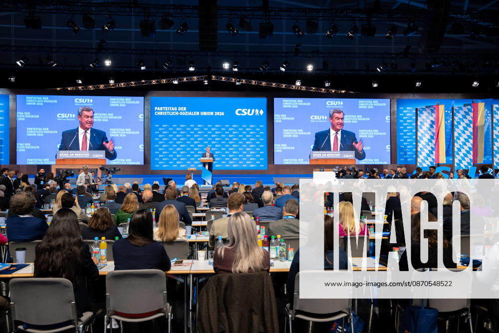 Munich, Bavaria, Germany October 23, 2026: The 2026 convention of the CSU (Christian Social Union) at the Munich Trade Fair Center. A view of the exhibition hall while Minister President Dr. Markus Söder speaks on stage
