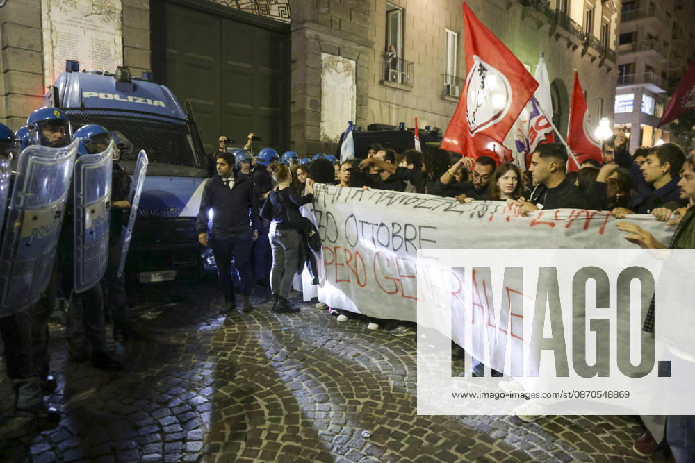 Protesters Clash with Police in Naples Students, trade union members and activists from Potere al Popolo take part in a demonstration against the rising cost of living in Piazza Municipio. Clashes between demonstrators and police break out during the protest. ABP18866