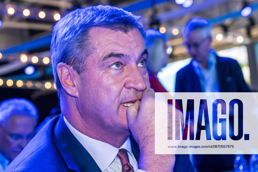 Markus Söder, Minister-President of Bavaria, bathed in the blue light of the LED video wall shining into the dark hall, CSU Party Convention, Munich Trade Fair, October 23, 2026, Germany, Munich, October 23, 2026, Markus Söder, Minister-President of Bavaria, portrait in the blue light shining i
