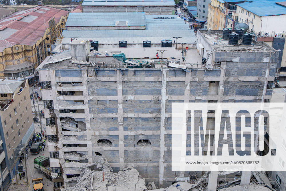 An adjacent building shows visible damage following the collapse of a multi-storey building under construction in Eastleigh as rescue teams continue search and rescue operations. Rescuers from multiple emergency response agencies conduct search and rescue operations at the site of a collapsed multi-storey building under construction in Eastleigh, Nairobi, Kenya. An unconfirmed number of people are feared trapped beneath the rubble. Nairobi Kenya - ZUMAs197 20261023_aaa_s197_311