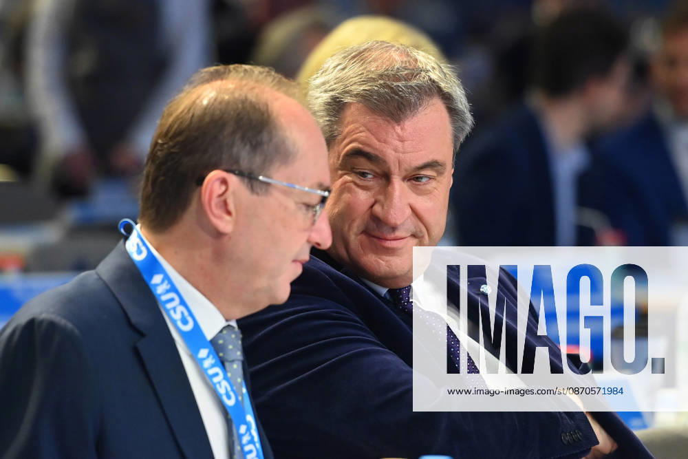 Alexander DOBRINDT with Markus SOEDER, Minister-President of Bavaria and CSU Chairman, at the 2026 CSU Party Convention on October 23 and 24, 2026, at the Munich Trade Fair Grounds
