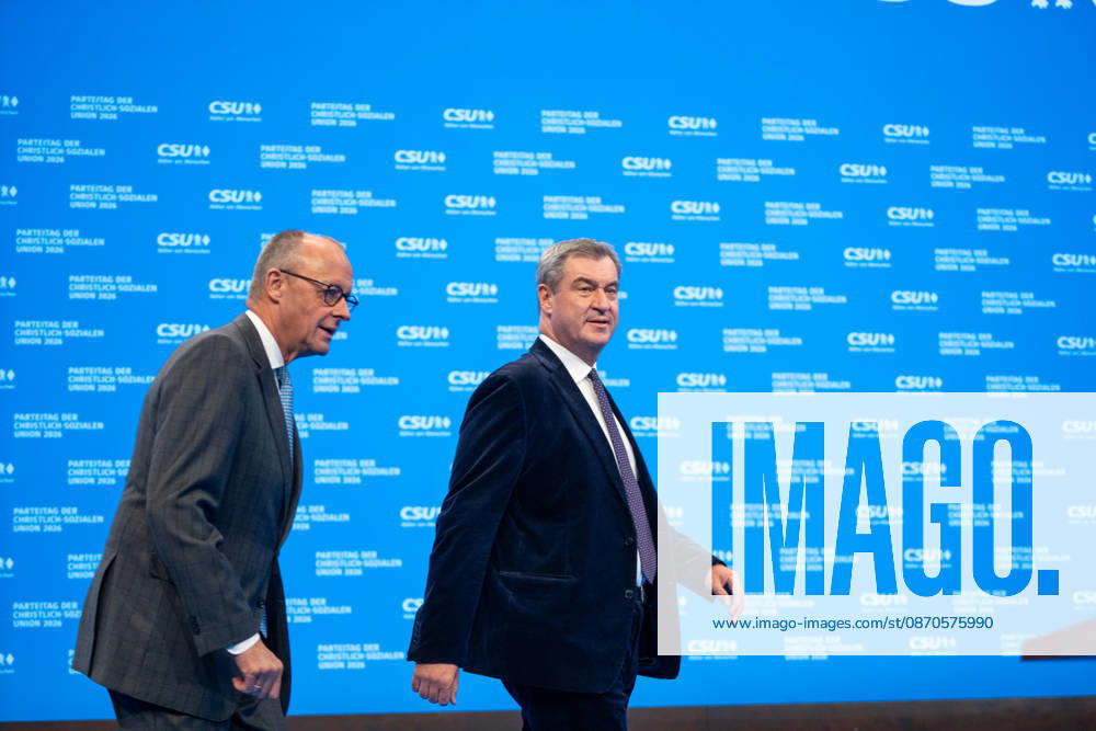 Munich, Bavaria, Germany October 24, 2026: Day 2 of the 2026 CSU (Christian Social Union) Party Convention at the Munich Trade Fair Center. Minister President Dr. Markus Söder and Federal Chancellor of the Federal Republic of Germany Friedrich Merz (CDU) together on stage