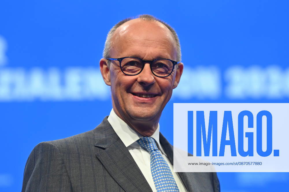 Chancellor Friedrich MERZ, laughing, laughing, smiling, optimistic, in good spirits, single frame, cropped single shot, portrait, CSU Party Convention 2026 on October 23 and 24, 2026, MESSE MÜNCHEN