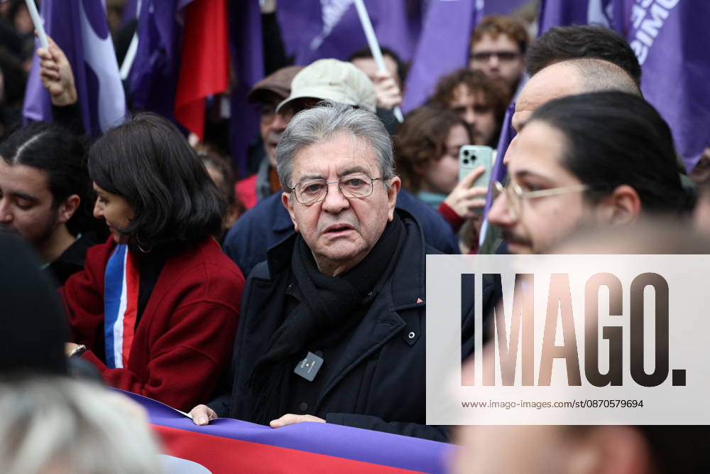 Politics at Yellow Vests Protest Act II - Paris French leftist party La France Insoumise (LFI) candidate in France s 2027 Presidential election Jean-Luc Melenchon during a demonstration in favor of purchasing power, the protection of public services, and fiscal and social justice, in Paris on October 24, 2026 as part of a nationwide call for mobilisation bringing together former members of the Yellow Vest movement, labor unions, high school and university students. Photo by Raphael Lafargue ABACAPRESS.COM Paris France