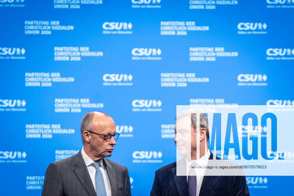 Chancellor Friedrich Merz with CSU Party Chairman Markus Söder at the CSU Party Convention in Munich, Munich, Bavaria, Germany, Munich Trade Fair Grounds