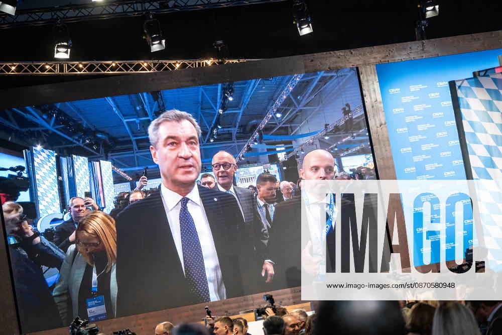 Chancellor Friedrich Merz with CSU Party Chairman Markus Söder at the party convention, appearing together on the LED screen behind the stage as they entered the event hall—Söder first, Merz second—at the CSU party convention in Munich, Munich, Bavaria, Germany, Munich Trade Fair Grounds