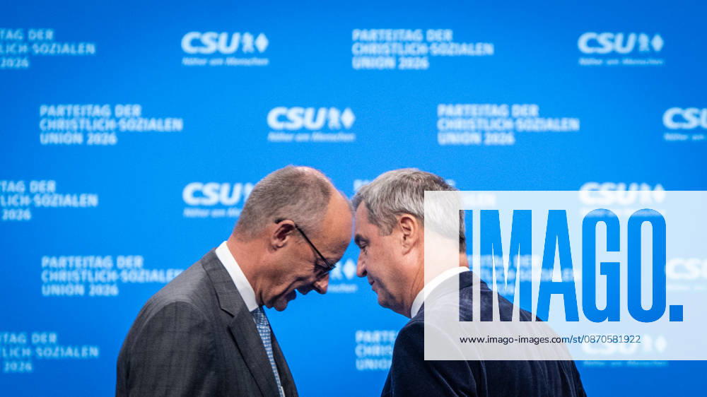 Chancellor Friedrich Merz with CSU Party Chairman Markus Söder at the CSU Party Convention in Munich, Munich, Bavaria, Germany, Munich Trade Fair Grounds