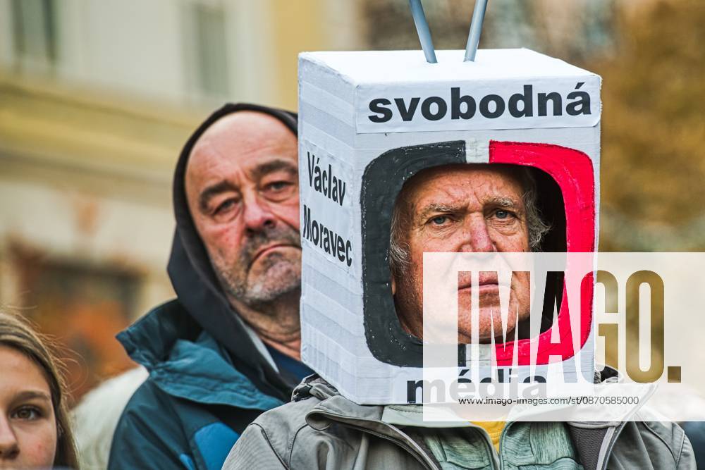 Million Moments for Democracy group stages protest entitled Hands Off the Media! in response to proposed changes to funding of public media pushed by governing coalition, on the Freedom Square in Brno, Czech Republic, on October 24, 2026. (CTKxPhoto PatrikxUhlir) CTKPhotoP2026102404927 CTKPhotoP2026102404927