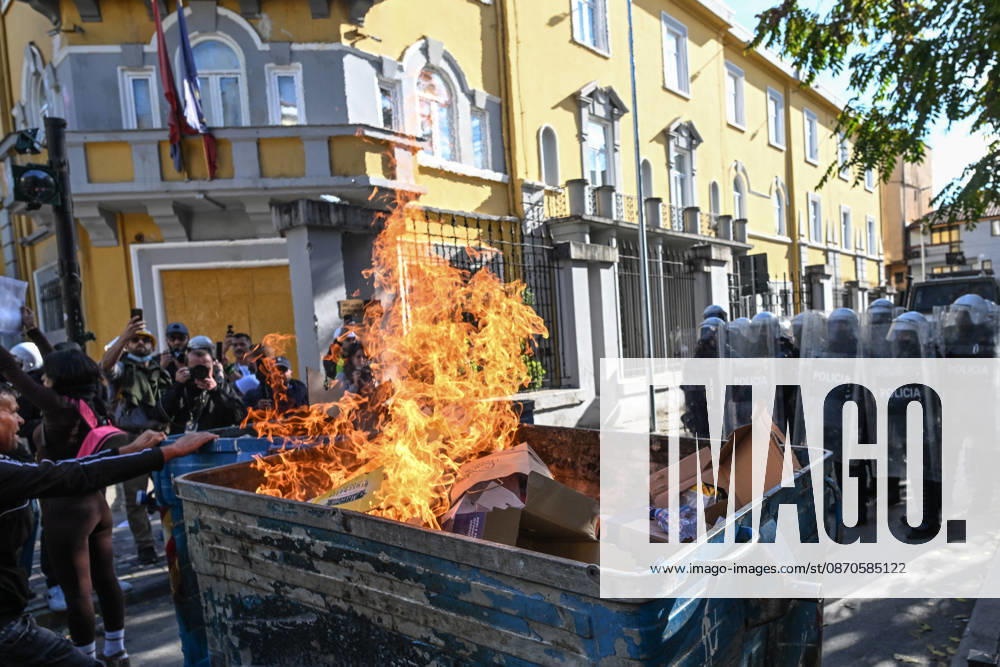 Mass Anti-Government National Protest in Tirana TIRANA, ALBANIA - OCTOBER 24: A large dumpster fire burns on a city street as a cordon of riot police holding shields forms a protective barrier in the background on October 24, 2026, in Tirana, Albania. Unrest and physical confrontations erupt in Tirana city center as demonstrators and riot police clash during a massive nationwide protest, turning the capital s main avenue into a major flashpoint as chaotic skirmishes broke out between security forces and factions of the crowd. Artur Widak Anadolu Tirana Albania. Editorial use only. Please get in touch for any other usage.