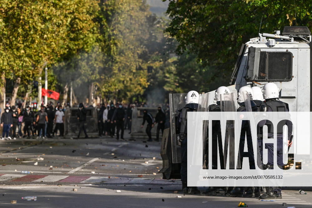 Mass Anti-Government National Protest in Tirana TIRANA, ALBANIA - OCTOBER 24: Riot police officers form a dense shield wall next to an active water cannon vehicle operating on a debris-strewn street on October 24, 2026, in Tirana, Albania. Unrest and physical confrontations erupt in Tirana city center as demonstrators and riot police clash during a massive nationwide protest, turning the capital s main avenue into a major flashpoint as chaotic skirmishes broke out between security forces and factions of the crowd. Artur Widak Anadolu Tirana Albania. Editorial use only. Please get in touch for any other usage.