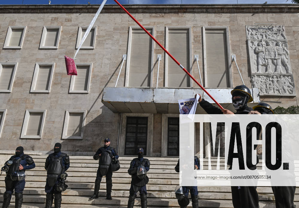 Mass Anti-Government National Protest in Tirana TIRANA, ALBANIA - OCTOBER 24: Riot police officers form a dense shield wall next to an active water cannon vehicle operating on a debris-strewn street on October 24, 2026, in Tirana, Albania. Unrest and physical confrontations erupt in Tirana city center as demonstrators and riot police clash during a massive nationwide protest, turning the capital s main avenue into a major flashpoint as chaotic skirmishes broke out between security forces and factions of the crowd. Artur Widak Anadolu Tirana Albania. Editorial use only. Please get in touch for any other usage.